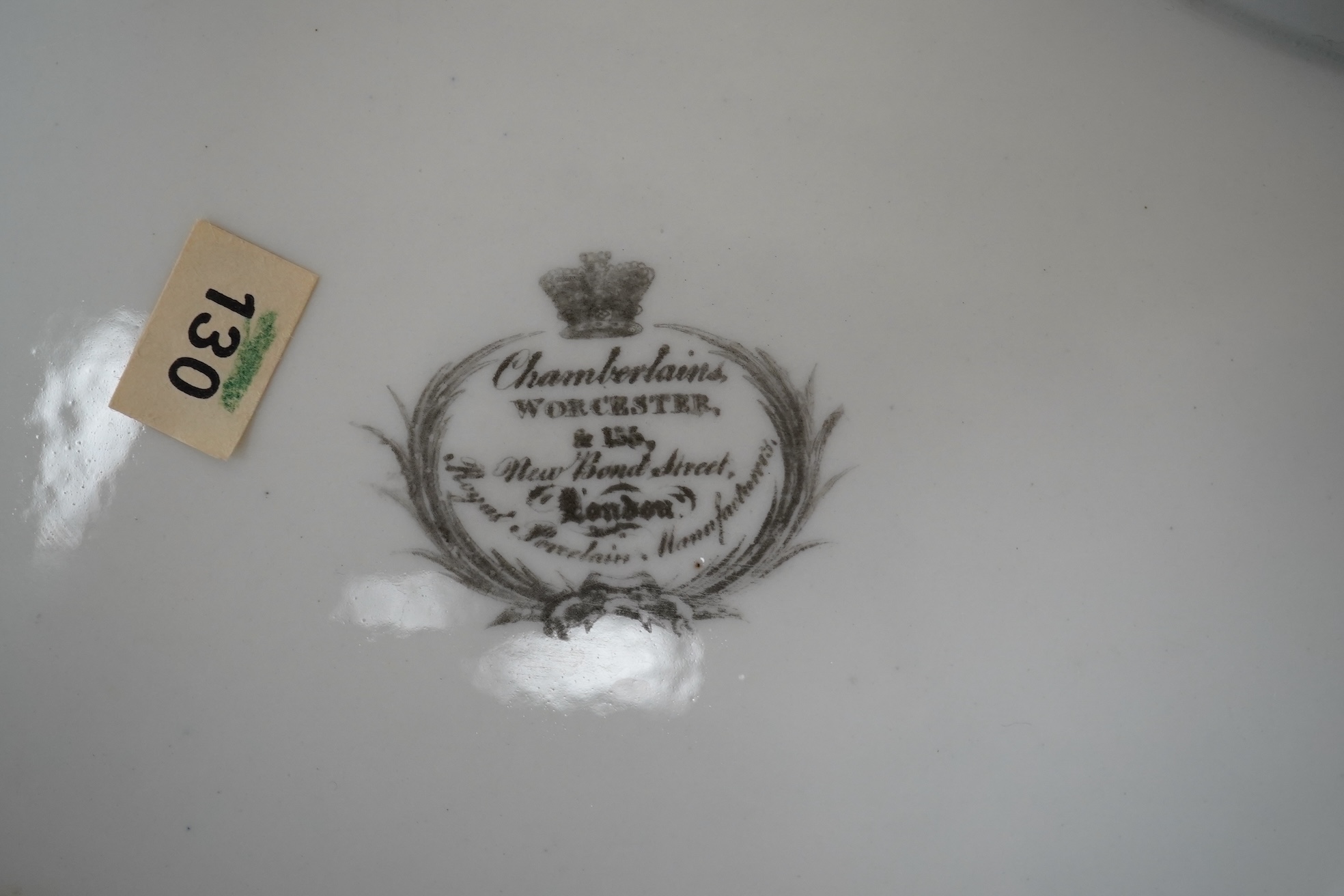 A Chamberlains Worcester armorial dessert dish, and a Spode armorial plate ‘The London’, c.1825 (produced for the Captain of the Ship 'The London’), both bearing the arms of the British East India Company, together with